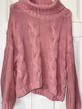 Women's Pink Cable Knit Turtleneck Sweater